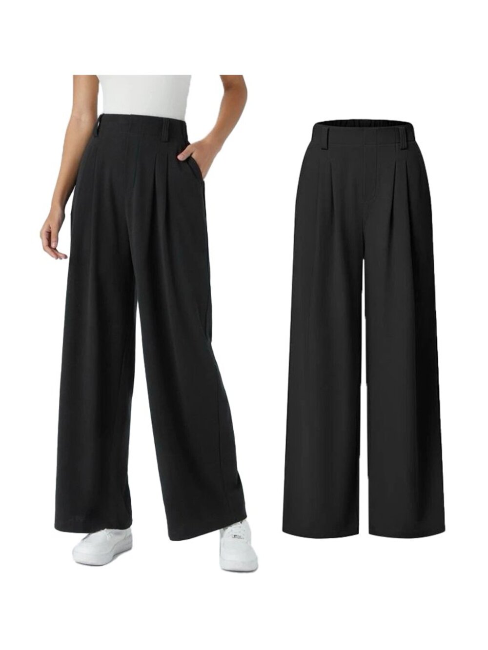 Halara Pants Womens Sz S Tall Black High Waisted Pocket Pleated Wide Leg Pull On